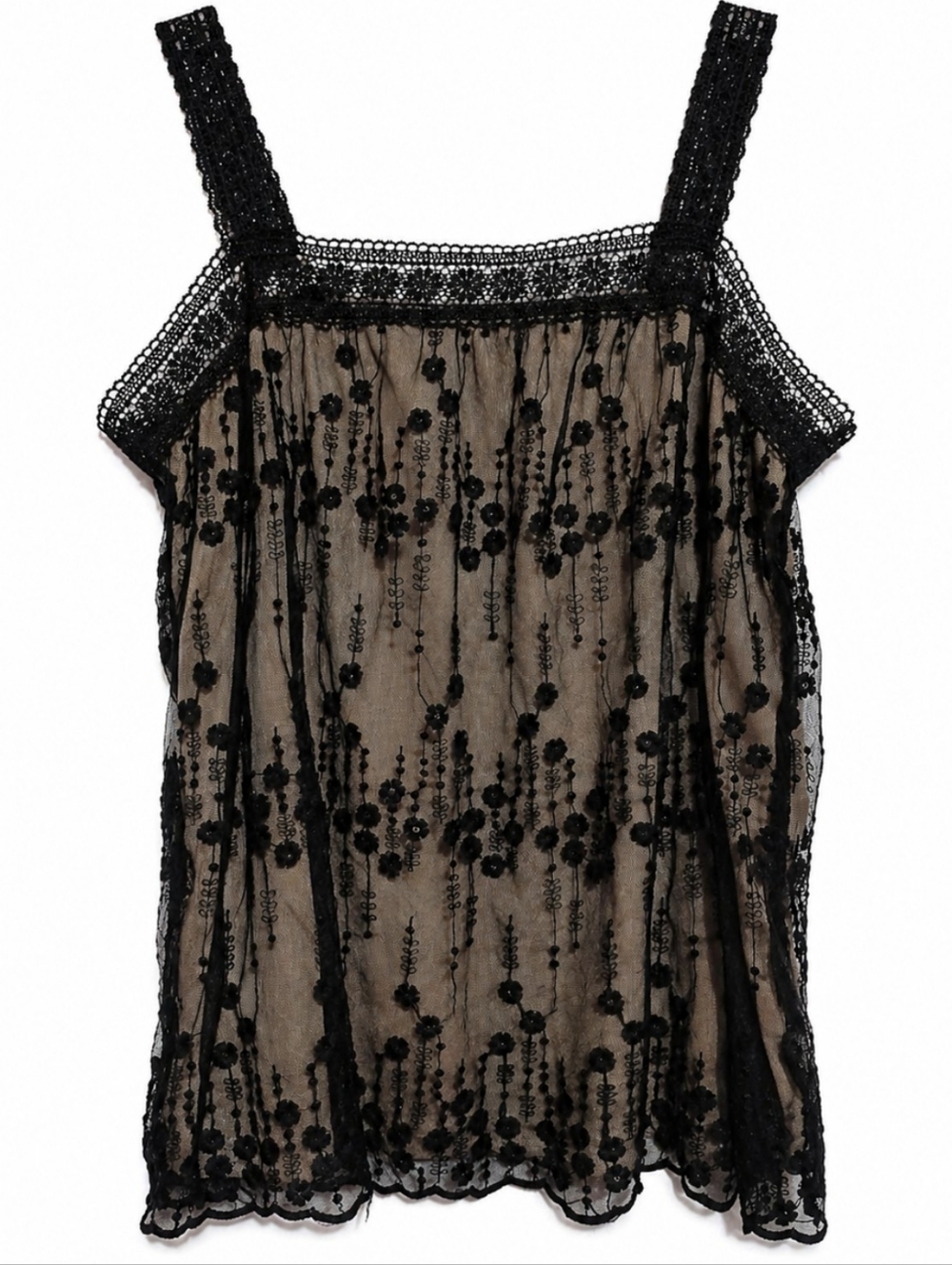 Women's Sheer Black Floral Lace Camisole/Babydoll Top Metal Hardware Size Large